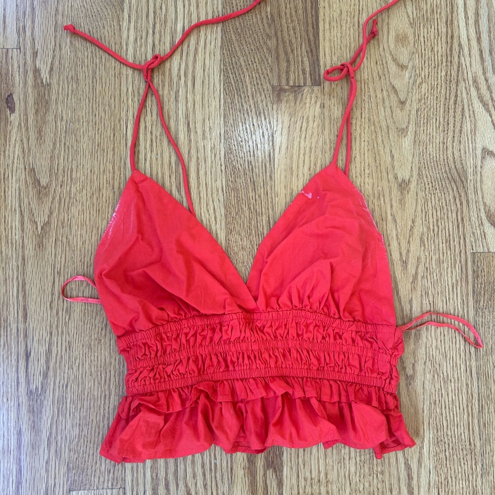 Red Smocked Ruffle Tie-Shoulder Crop Top
